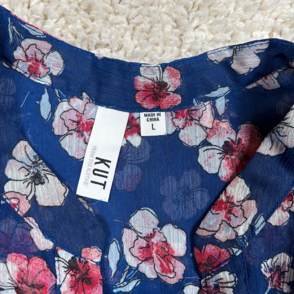 KUT from the Kloth Blue Floral Button Down Roll Tab Blouse KT32169 Womens Large - Picture 2 of 7
